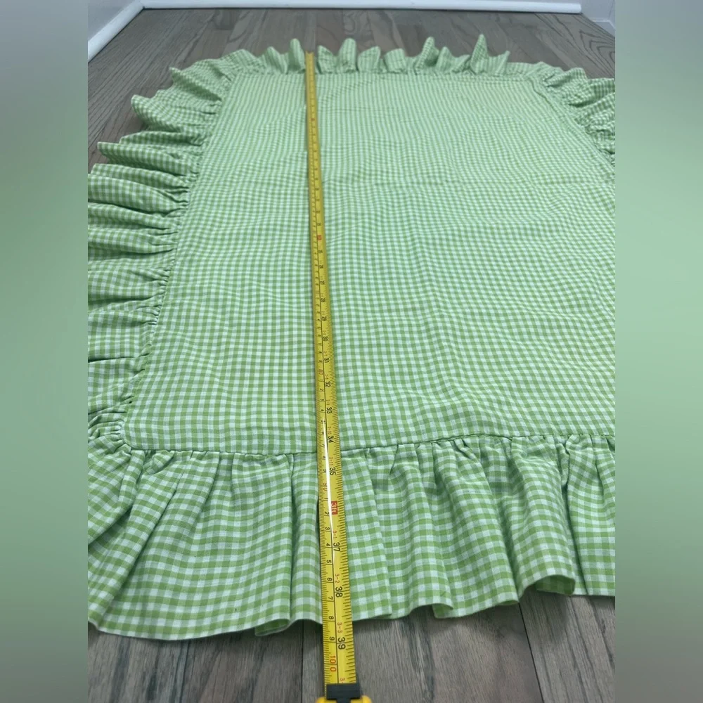 Vtg Handmade Baby Crib Quilt Green Gingham Cross Stitch Ruffle Blanket Woodland